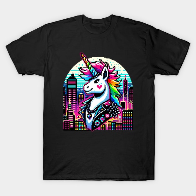 Neon Punk Unicorn in Pixelated Cityscape - Urban Fantasy Art T-Shirt by Pixel Punkster